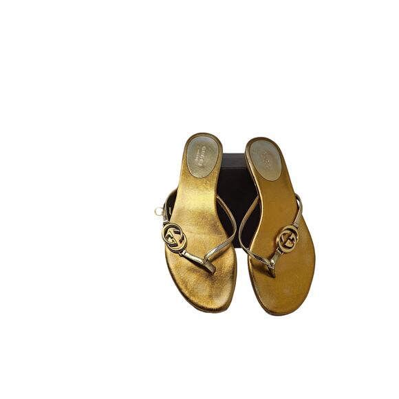 Gucci 36 Miroir Gold Metallic Leather Flip Flop Sandal Thong Logo Dustbag Box - Picture 4 of 12